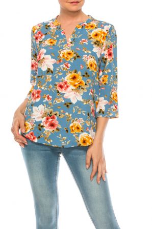 Profile Apparel Sky Blue Floral 3/4 Sleeve Relax Fit Top