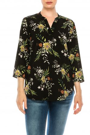 Profile Apparel Black Wild Flower 3/4 Sleeve Relax Fit Top