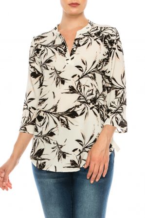 Profile Apparel White Black Leaf 3/4 Sleeve Relax Fit Top