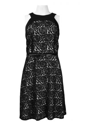 Donna Morgan Cutaway Shoulder Floral Cotton Lace Overlay Lace Dress (Petite)