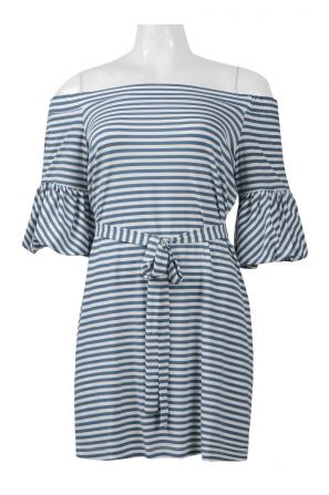 Donna Morgan Off-Shoulder Elastic Tie Waist Elastic Stripe Print Jersey Dress