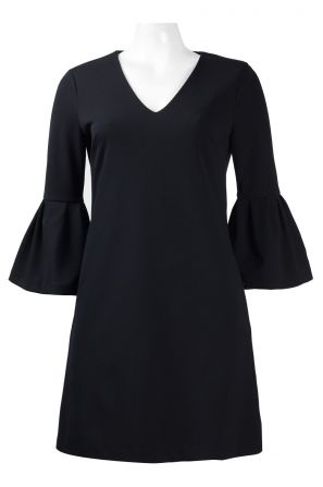 Donna Morgan V-Neck Circular Flounce Sleeve Zipper Back Solid Stretch Crepe Dress