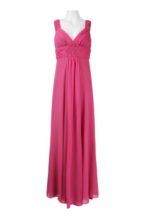 Donna Ricco V-Neck Ruched Zipper Back Embellished Empire Waist Solid Silk Dress