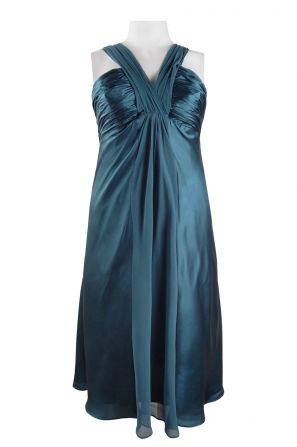 Donna Ricco V-Strap Ruched Front Satin Chiffon Draped Dress