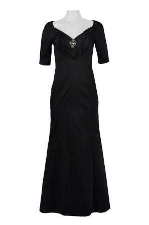 Donna Ricco V-Neck Short Sleeve Ruffled Front Brooch Front Zipper Back Solid Tafetta Dress