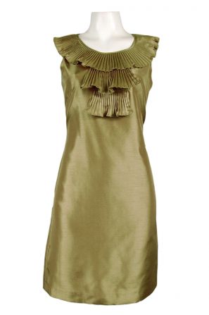 Ellen Tracy Olive Shantung Sheath Dress with Pleated Ruffles