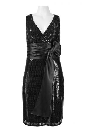 Eliza J V-Neck Sequined Dress with Satin Waist Dress