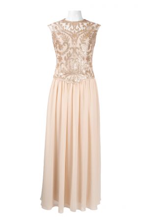 Emma Street Jewel Neckline Sequined Bodice Ruched Detail Mesh & Chiffon Dress