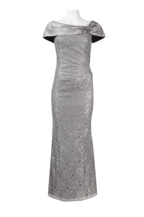 Emma Street Bertha Neck Ruched Side Brooch Detail Floral Lace Dress