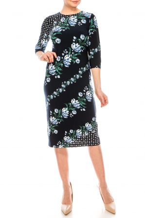 Maggy London Navy Blue Multi Print Sheath Dress