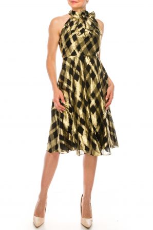 Maggy London Black Gold Metallic Plaid Pring A-Line Dress