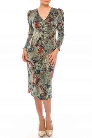 Maggy London Silver Multi Abstract Floral Print Metallic Sheath Dress