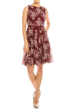 Gabby Skye Wine Sleeveless Lace Circle Skirt Dress