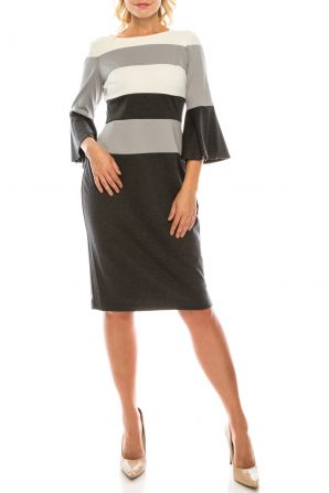 Gabby Skye Charcoal Grey Ivory Striped Colorblock Sheath Dress