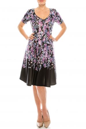 Gabby Skye Black Lavender Floral Printed Circle Skirt Dress