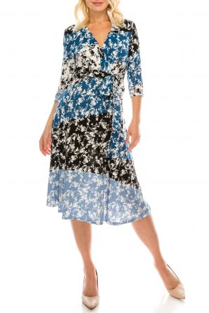 Gabby Skye Royal Black Color Sectioned Floral Printed Faux Wrap Dress