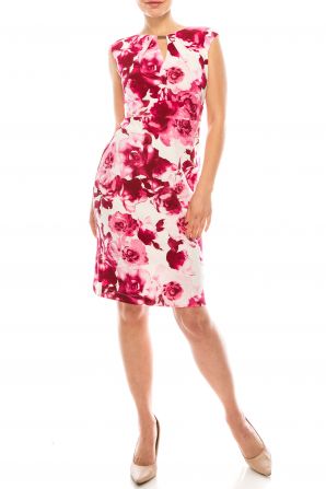 Gabby Skye Ivory Hot Pink Floral Printed Sheath Dress with Neckline Cutout