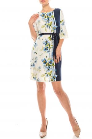 Gabby Skye Ivory Navy Floral Printed & Striped Dress