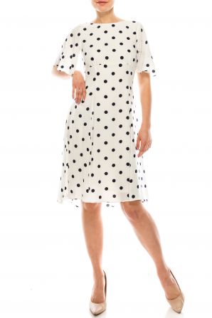 Gabby Skye Ivory Navy Polka Dotted Empire Waist Dress