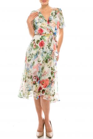 Gabby Skye Ivory Pink Floral Printed Ruffled Faux Wrap Dress