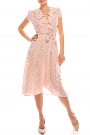 Gabby Skye Blush Ivory Polka Dotted Faux Wrap Dress
