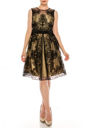 Gabby Skye Sleeveless Jewel Neckline A-Line Mesh Dress