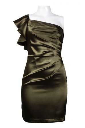 Hailey Logan One Shoulder Flutter Hem Ruched Satin Dress