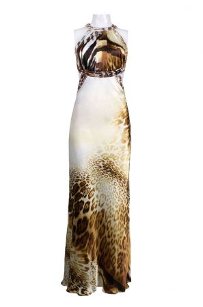 Hailey by Adrianna Papell Cutaway Shoulder Open Back Animal Print Satin Dress