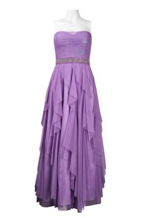 Hailey by Adrianna Papell Pleated Sequin Bodice Beaded Waist Tiered Mesh Dress