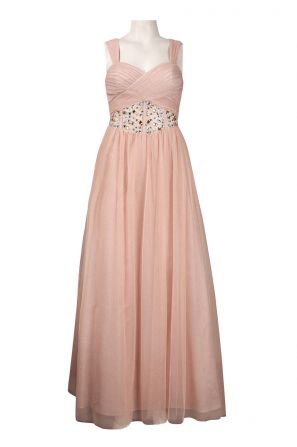Hailey by Adrianna Papell Wide Strap Multi Rhinestone Detail Glittered Mesh Tulle Dress