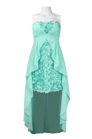 Hailey by Adrianna Papell Sweetheart Neckline Rosette Appliqué High Low Chiffon Dress