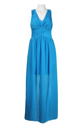 Hailey by Adrianna Papell V-Neckline Ruched Bodice Open Back A-Line Chiffon Dress