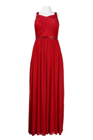 Hailey by Adrianna Papell Criss Cross Bodice Beaded Waist A-Line Jersey Mesh Dress