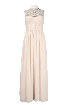 Hailey by Adrianna Papell Closed Neck Pearl and Rhinestone Detail A-Line Chiffon Dress