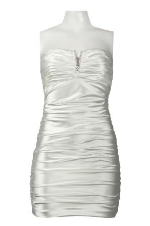 Hailey Logan Slit Neckline Rhinestone Detail Ruched Satin Sheath Dress