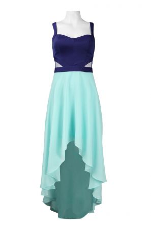 Hailey Logan Scuba Bodice Illusion Cutout Two Tone High Low Chiffon Dress