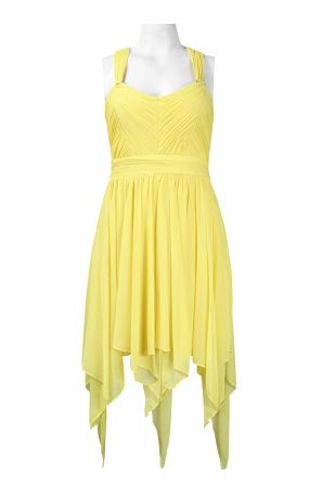 Hailey Logan Ruched Bodice Open Back Handkerchief Hem Jersey Mesh Dress