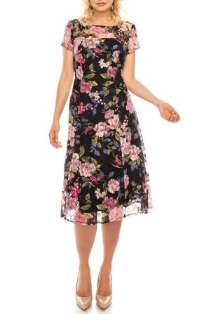 SLNY Navy Multi Floral Printed Lace A-Line Midi Dress