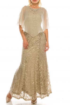 Ignite Evenings Champagne Chiffon Cape Over Sequined Lace Dress