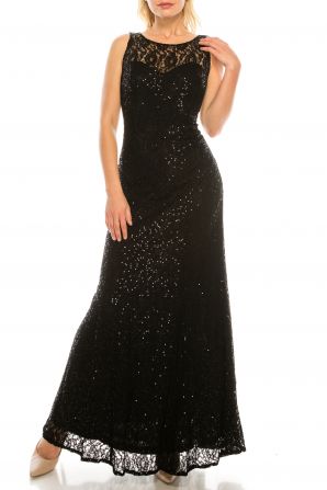 Ignite Evenings Black Sequined Lace Long Evening Gown