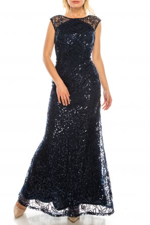 Ignite Evenings Navy Sequined & Appliqued Illusion Evening Dress