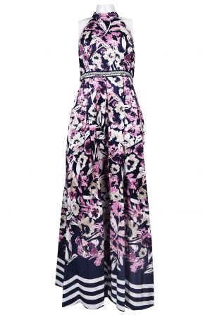 Ignite Evenings Halter Neckline Embellished Waist Floral Crepe A-Line Dress