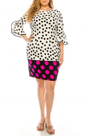 ILE Clothing 3/4 Bell Sleeve Polkadot Print Sheath Dress
