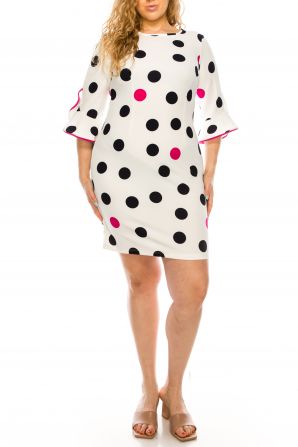 ILE Clothing 3/4 Bell Sleeve Polkadot Print Sheath Dress