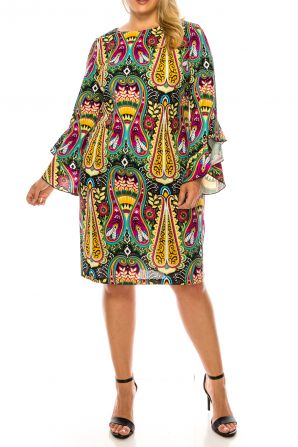 ILE Clothing 3/4 Bell Sleeve Multi Print Sheath Dress