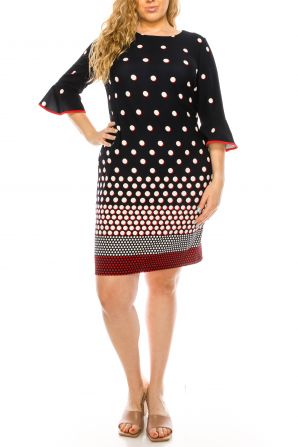 ILE Clothing 3/4 Bell Sleeve Polkadot Print Sheath Dress