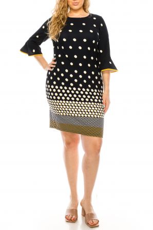 ILE Clothing 3/4 Bell Sleeve Polkadot Print Sheath Dress