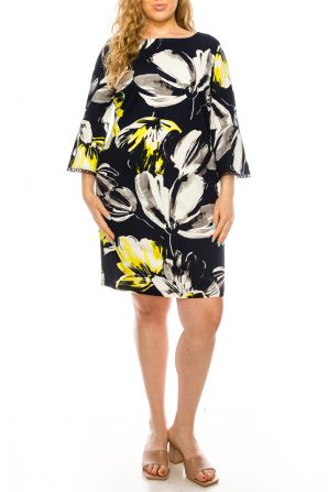ILE Clothing 3/4 Bell Sleeve Floral Print Sheath Dress