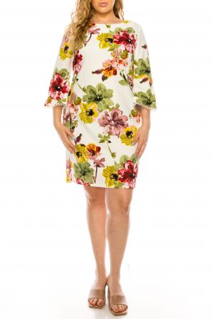 ILE Clothing 3/4 Bell Sleeve Floral Print Sheath Dress