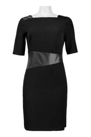 Ivy and Blu Square Neckline Elbow Sleeve Faux Leather Inset Twill Dress